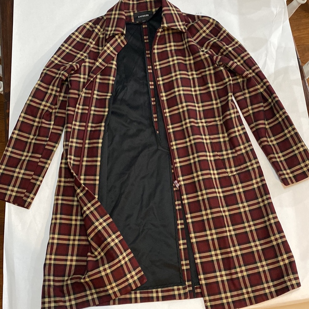 Express Vintage Red / Tan / Black Plaid Wool blend Trench Coat Full Zip